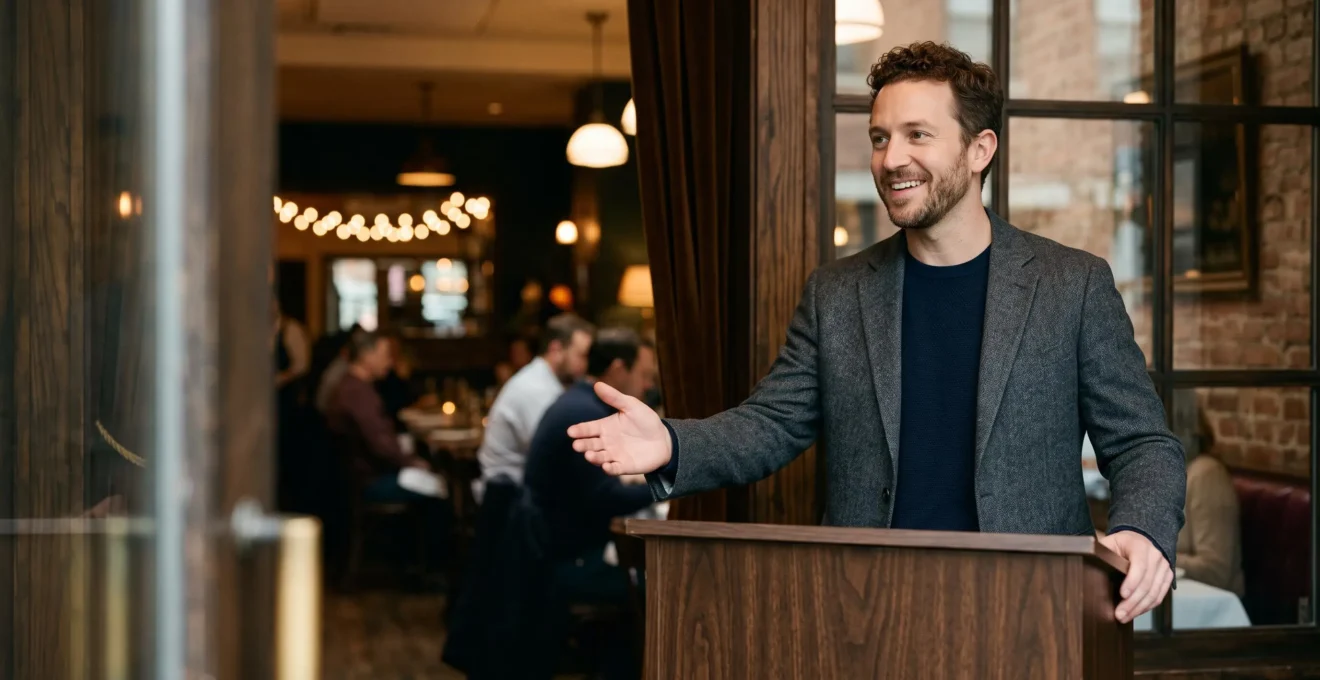 Hôte de restaurant accueillant chaleureusement des clients dans une salle à manger ambiancée, illustrant une attente perçue comme agréable