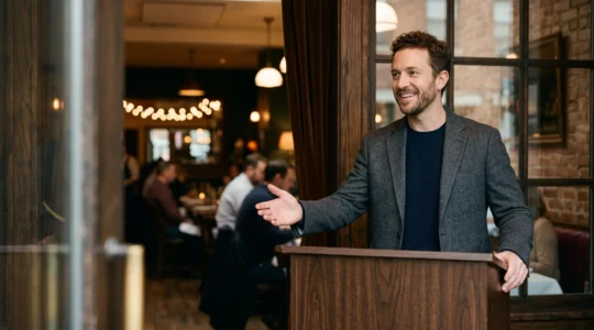 Hôte de restaurant accueillant chaleureusement des clients dans une salle à manger ambiancée, illustrant une attente perçue comme agréable