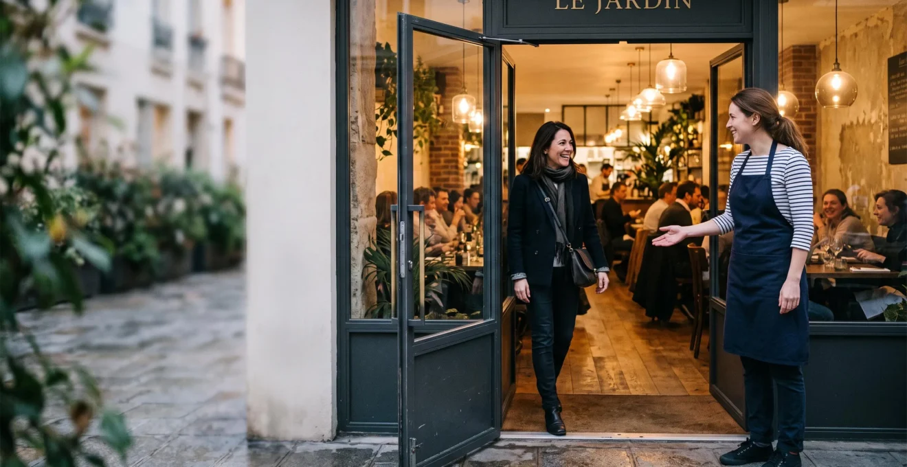 Hote de restaurant accueillant chaleureusement un client des les premieres secondes de son arrivee
