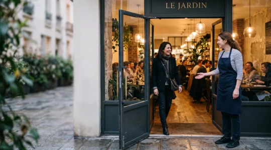 Hote de restaurant accueillant chaleureusement un client des les premieres secondes de son arrivee