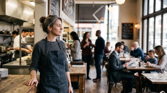 Restaurateur analysant les habitudes de sa clientèle dans une salle de restaurant baignée de lumière naturelle pour ajuster sa stratégie