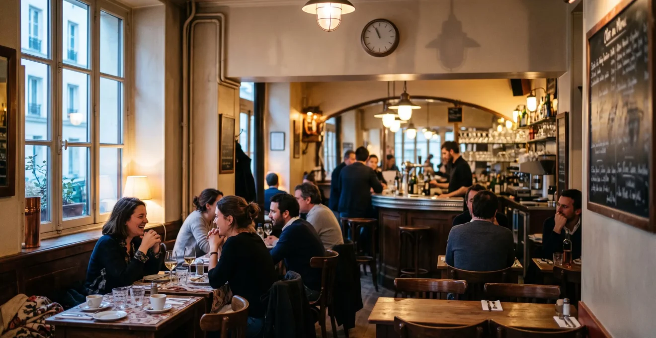 Interieur chaleureux d'un bistrot de quartier anime par ses habitues au moment de l'apero