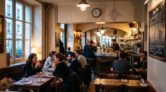 Interieur chaleureux d'un bistrot de quartier anime par ses habitues au moment de l'apero