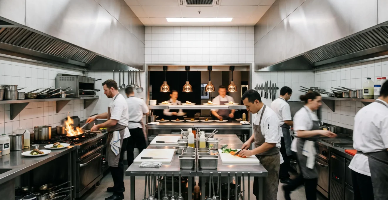 Brigade de cuisine en plein service évoluant dans un espace de travail fluide et organisé