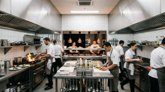 Brigade de cuisine en plein service évoluant dans un espace de travail fluide et organisé