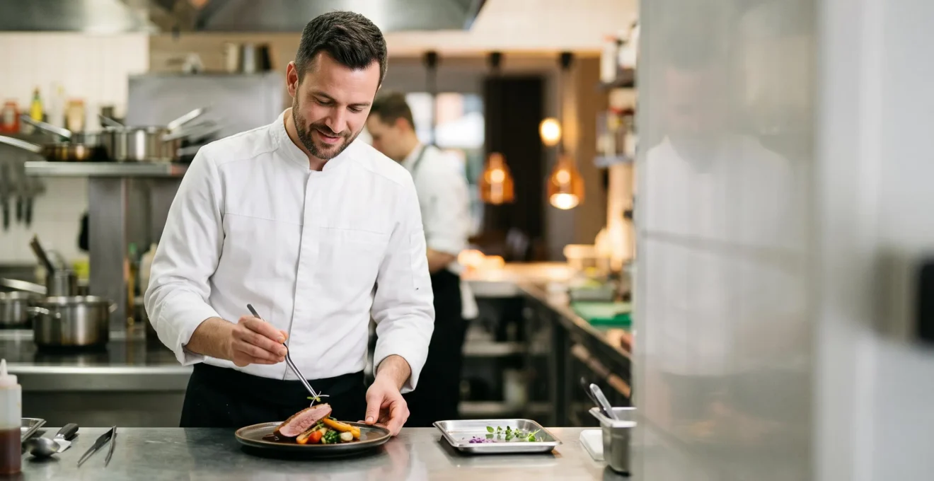 Chef cuisinier travaillant avec aisance et confort dans une cuisine professionnelle agencée de façon ergonomique