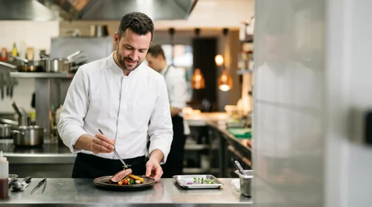 Chef cuisinier travaillant avec aisance et confort dans une cuisine professionnelle agencée de façon ergonomique
