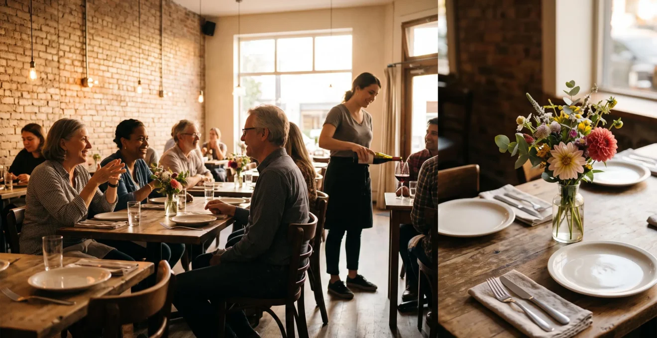 Salle de restaurant chaleureuse et animée illustrant une communauté de clients fidèles réunie grâce aux réseaux sociaux