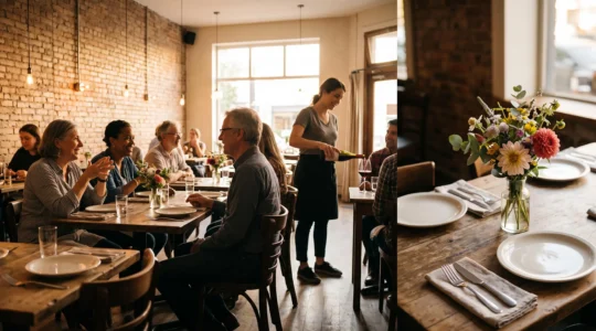 Salle de restaurant chaleureuse et animée illustrant une communauté de clients fidèles réunie grâce aux réseaux sociaux