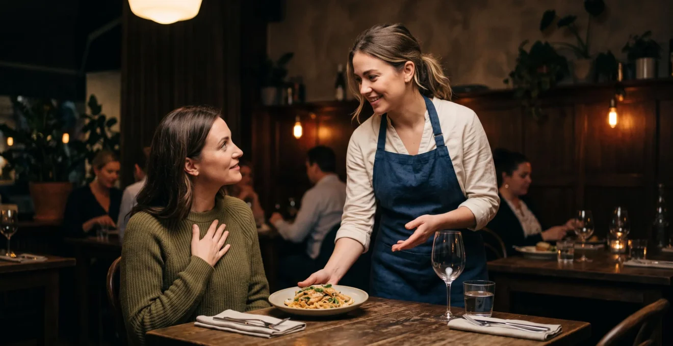 Serveur attentionné présentant un plat à un client dans un restaurant élégant, symbolisant la confiance et la transparence sur les allergènes
