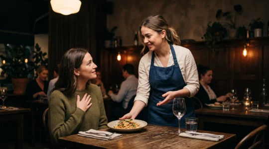 Serveur attentionné présentant un plat à un client dans un restaurant élégant, symbolisant la confiance et la transparence sur les allergènes