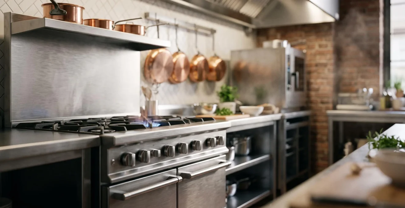 Piano de cuisson professionnel en inox dans une cuisine de restaurant, symbole de robustesse et de longévité