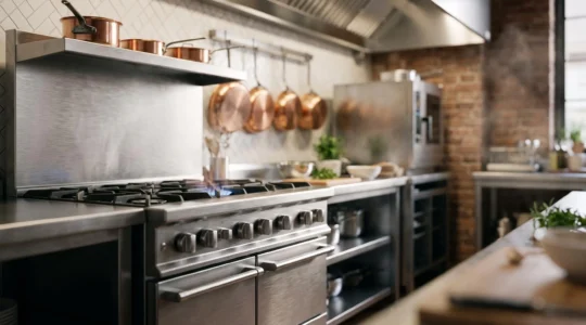 Piano de cuisson professionnel en inox dans une cuisine de restaurant, symbole de robustesse et de longévité