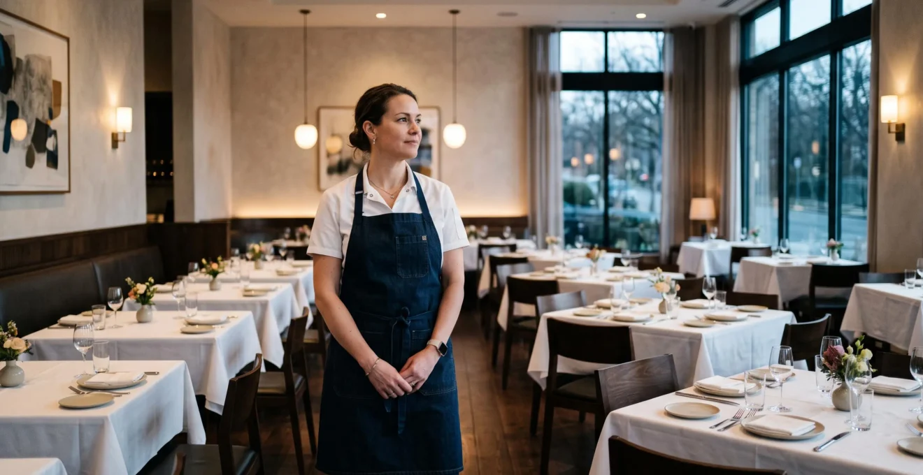 Restaurateur observant la salle de son établissement au lever du jour, symbole d'une vision stratégique et d'une avance prise sur la concurrence