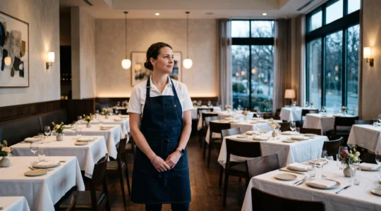 Restaurateur observant la salle de son établissement au lever du jour, symbole d'une vision stratégique et d'une avance prise sur la concurrence