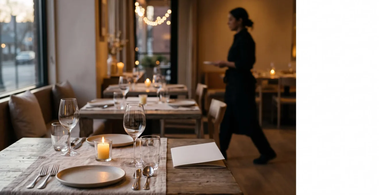 Salle de restaurant élégante avec deux tables dressées en amorce, illustrant l'idée de deux services fluides sur une même table sans précipitation.