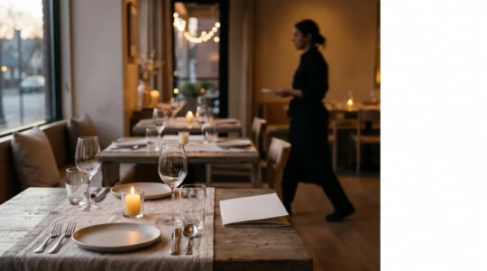 Salle de restaurant élégante avec deux tables dressées en amorce, illustrant l'idée de deux services fluides sur une même table sans précipitation.