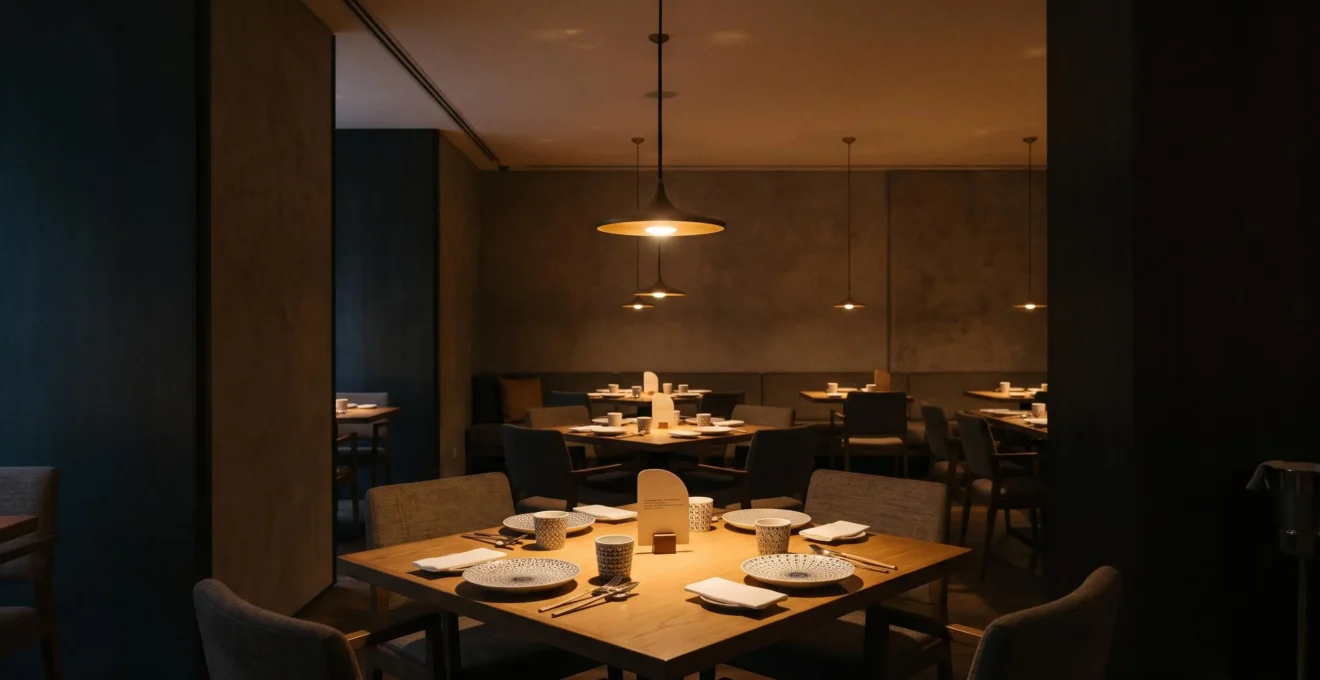Salle de restaurant élégante baignée d'une lumière chaude et tamisée, illustrant comment réduire la facture d'éclairage sans perdre en ambiance