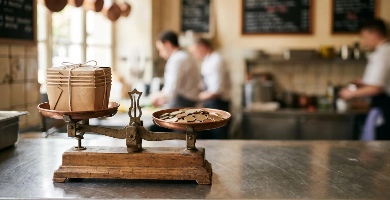 Balance symbolique entre emballages alimentaires écoresponsables et pièces de monnaie sur un plan de travail de restaurant
