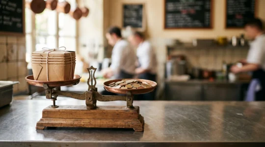 Balance symbolique entre emballages alimentaires écoresponsables et pièces de monnaie sur un plan de travail de restaurant