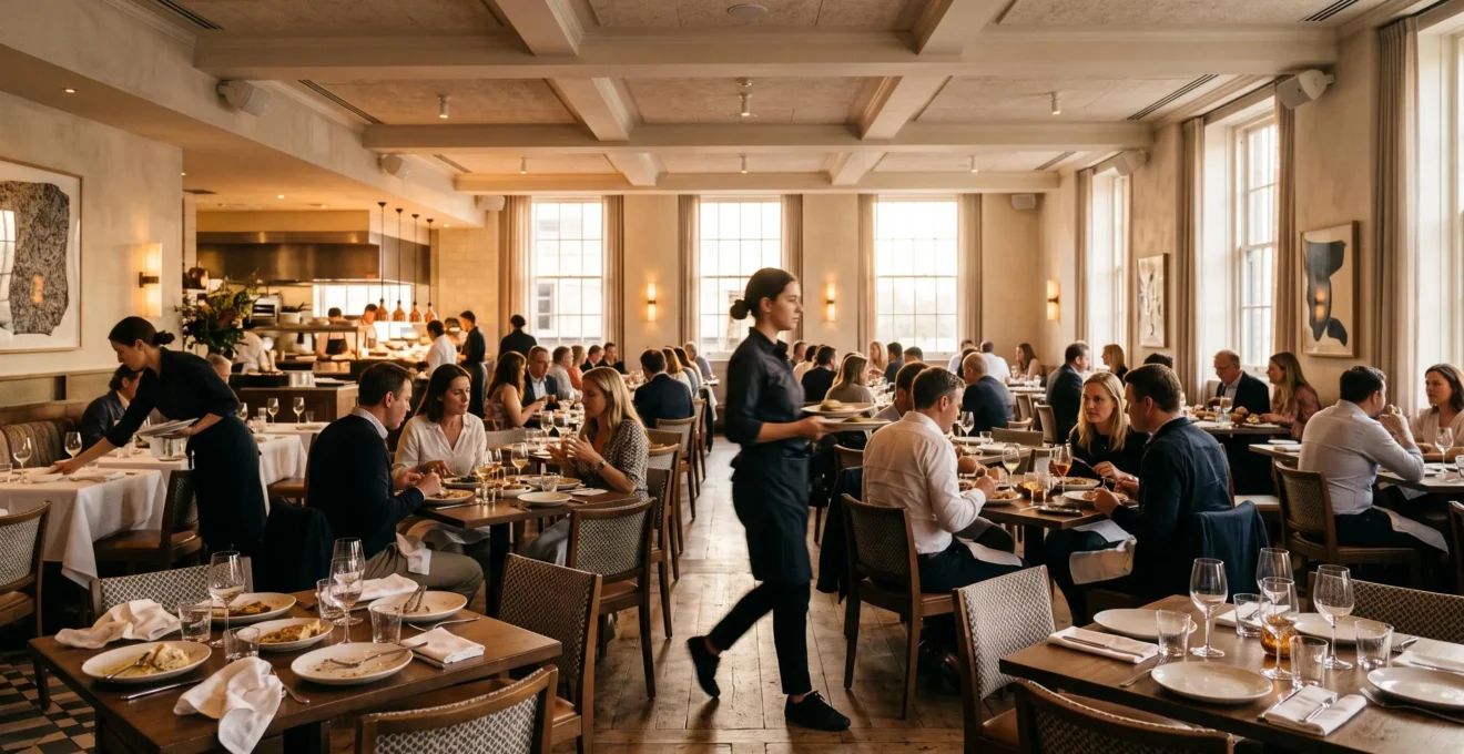 Salle de restaurant élégante en plein service avec tables harmonieusement occupées, illustrant une gestion fluide des créneaux sans saturation de la cuisine