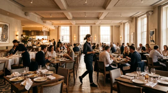 Salle de restaurant élégante en plein service avec tables harmonieusement occupées, illustrant une gestion fluide des créneaux sans saturation de la cuisine