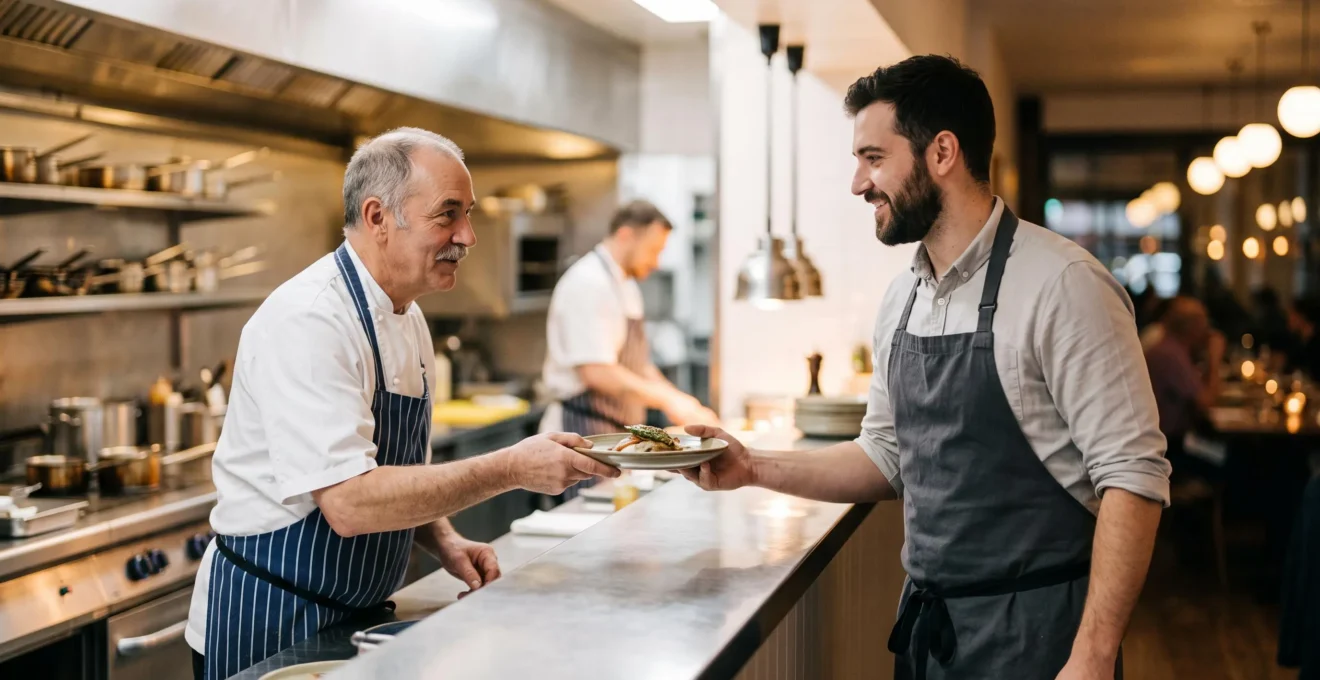 Un serveur et un chef synchronisés grâce à un dispositif digital discret, symbolisant la fin des erreurs de commande entre salle et cuisine