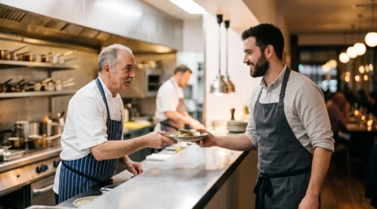 Un serveur et un chef synchronisés grâce à un dispositif digital discret, symbolisant la fin des erreurs de commande entre salle et cuisine