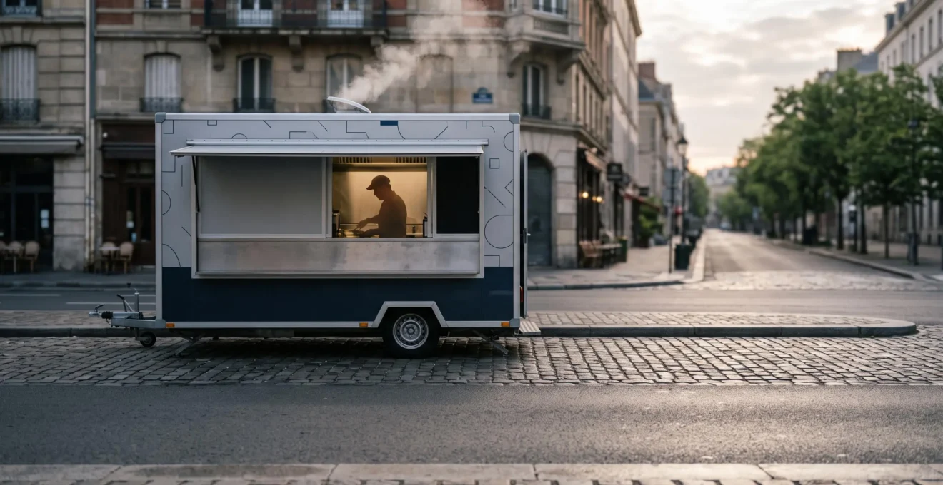 Food truck moderne et coloré stationné en ville au lever du jour, prêt à ouvrir son service