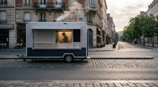 Food truck moderne et coloré stationné en ville au lever du jour, prêt à ouvrir son service