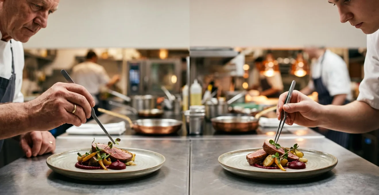Deux mains différentes dressant avec la même précision une assiette gastronomique identique dans une cuisine professionnelle