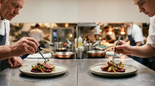 Deux mains différentes dressant avec la même précision une assiette gastronomique identique dans une cuisine professionnelle