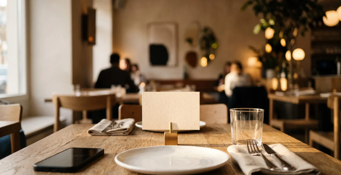 Table de restaurant élégante avec un support de menu dématérialisé et un QR code discret, ambiance chaleureuse et moderne