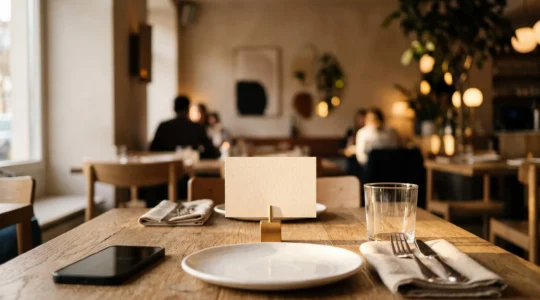 Table de restaurant élégante avec un support de menu dématérialisé et un QR code discret, ambiance chaleureuse et moderne