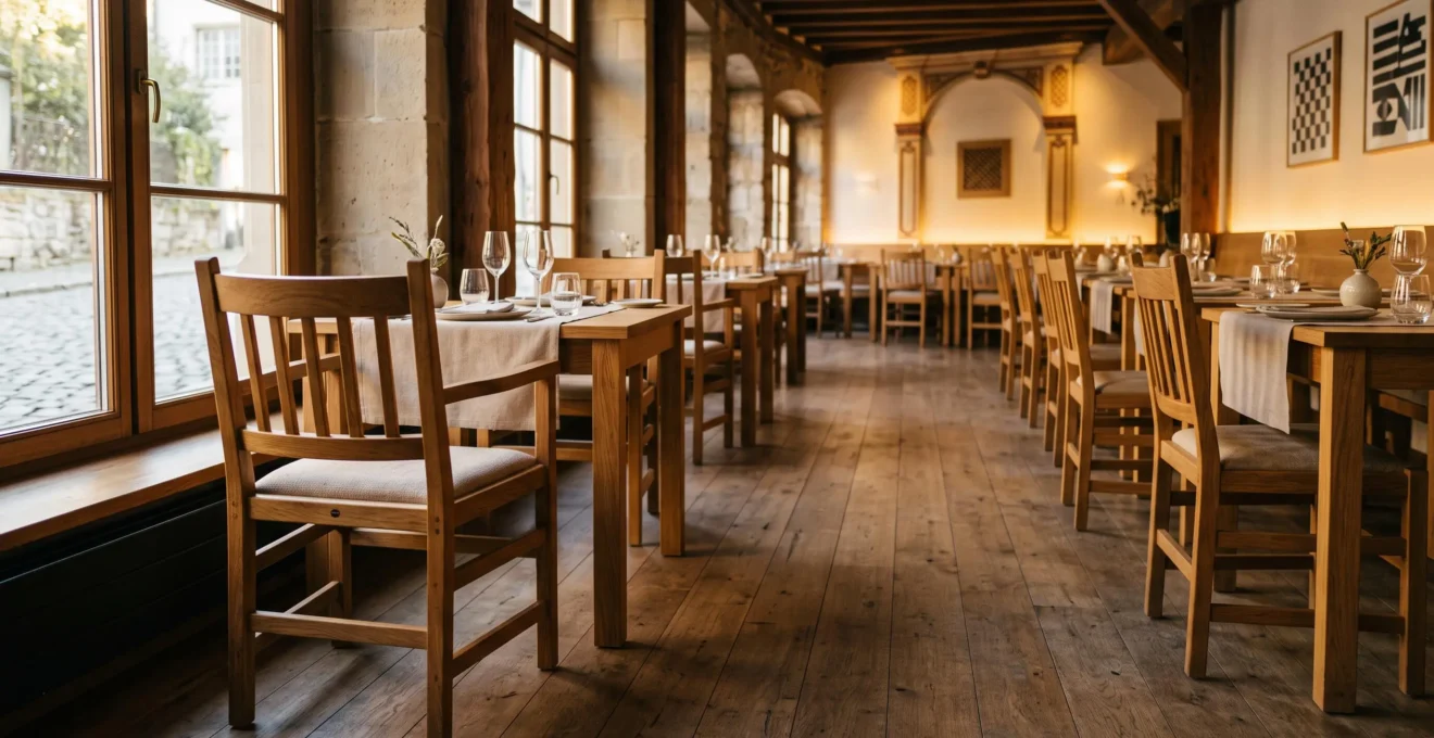 Salle de restaurant élégante avec chaises et tables robustes conçues pour résister à un usage intensif pendant dix ans
