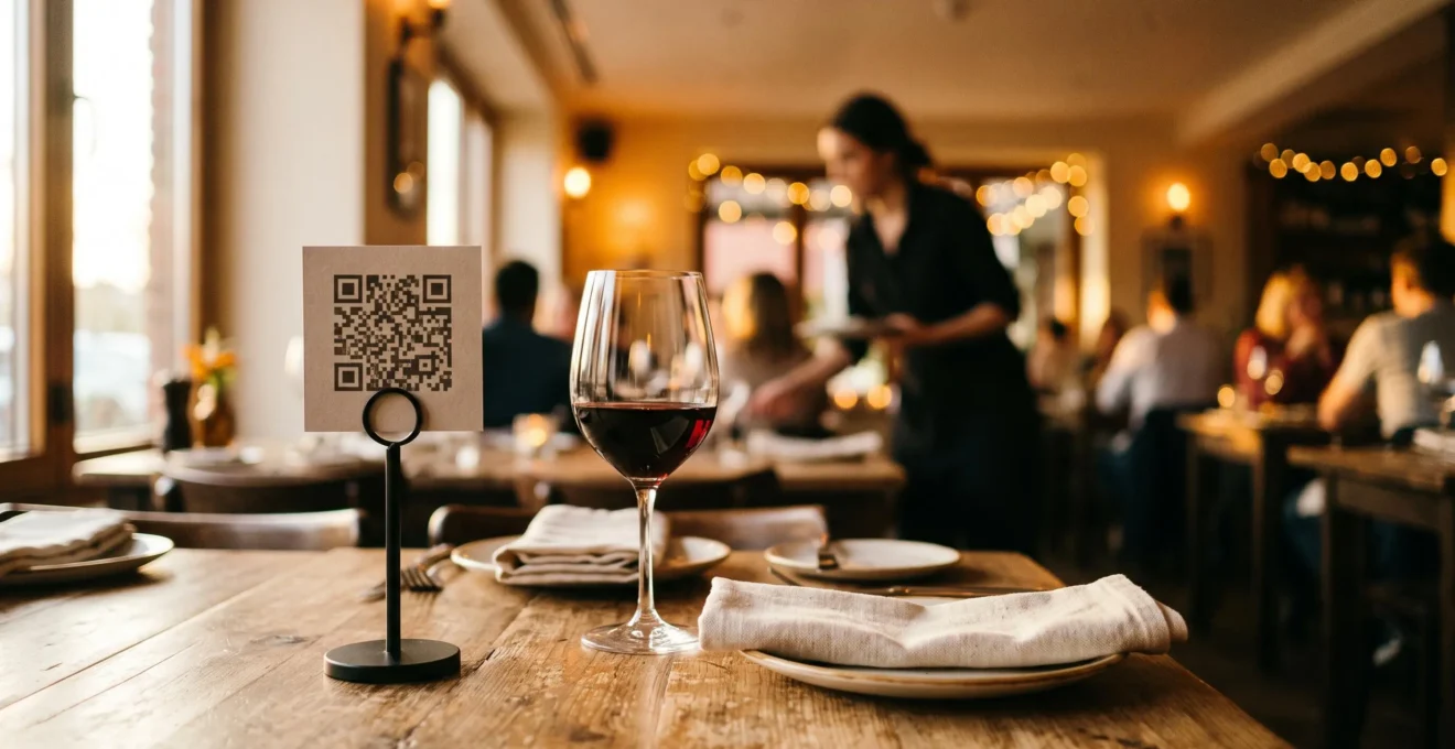 Table de restaurant élégante avec un support de QR code discret entre une assiette et un verre, ambiance chaleureuse