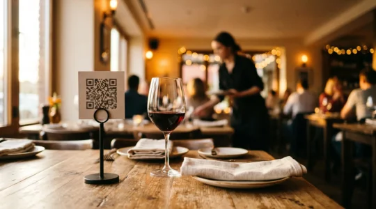 Table de restaurant élégante avec un support de QR code discret entre une assiette et un verre, ambiance chaleureuse