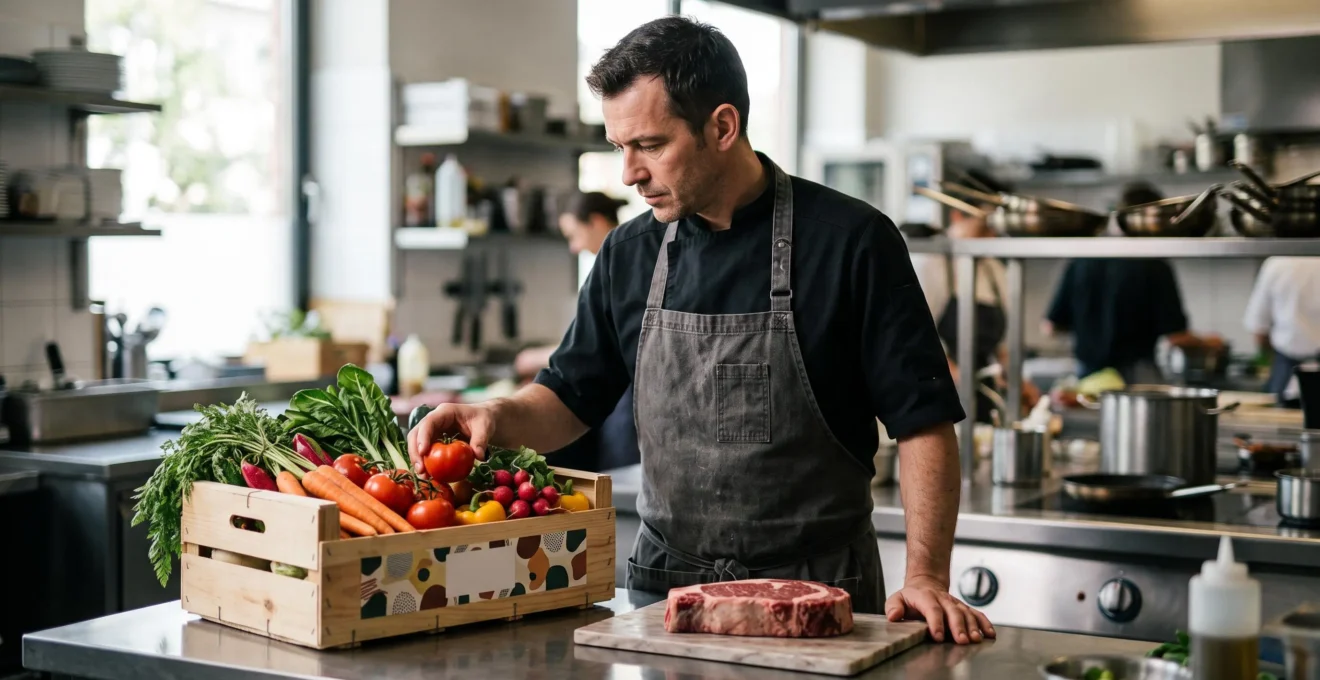 Chef de restaurant examinant avec attention des ingredients frais de qualite lors d'une negociation avec un fournisseur