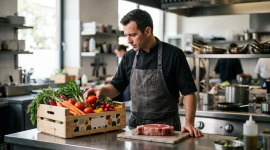 Chef de restaurant examinant avec attention des ingredients frais de qualite lors d'une negociation avec un fournisseur
