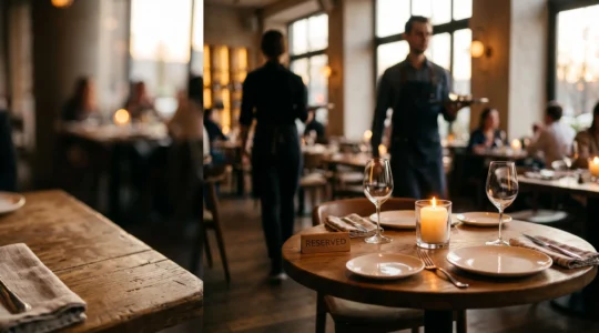 Illustration editoriale d'un restaurant moderne ou le paiement en ligne securise les reservations et reduit les absences