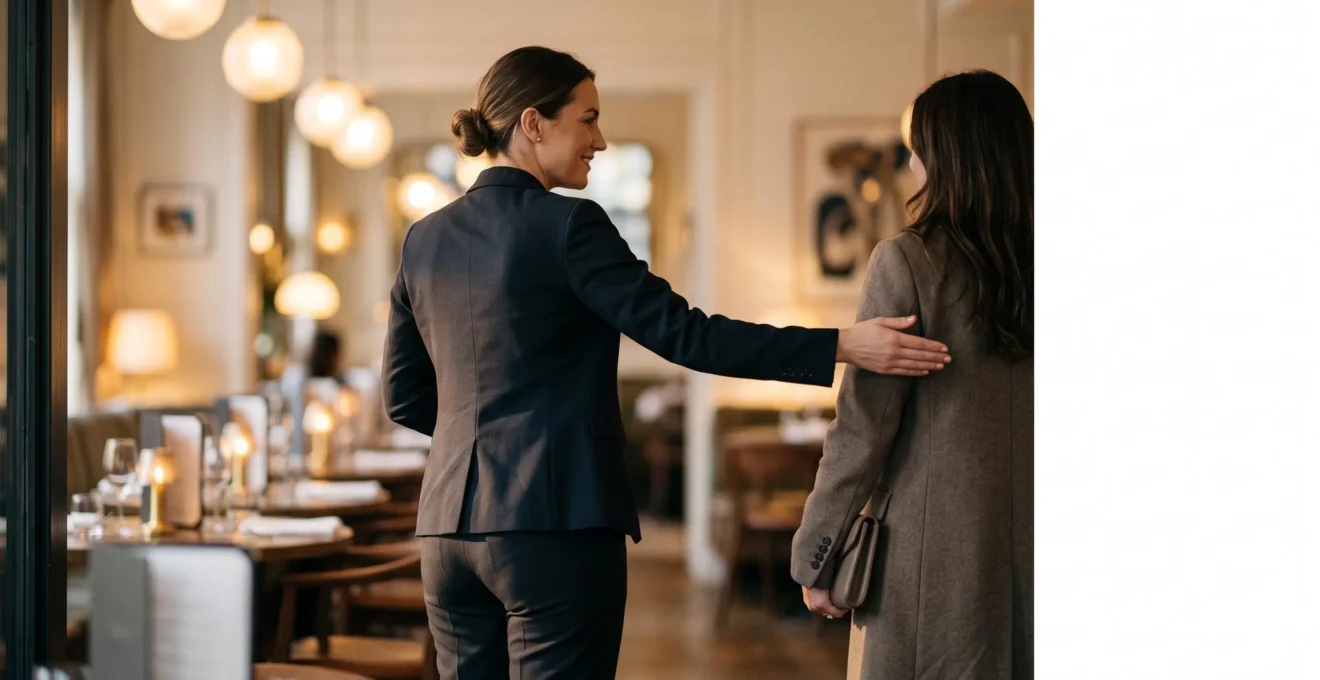 Hôte de restaurant accueillant un client avec un geste chaleureux dans une salle élégante, symbolisant un parcours de réservation fluide et sans friction