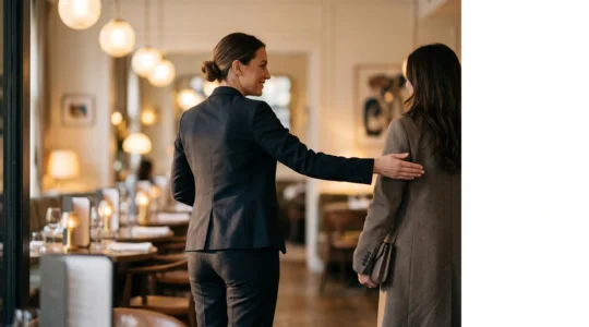 Hôte de restaurant accueillant un client avec un geste chaleureux dans une salle élégante, symbolisant un parcours de réservation fluide et sans friction