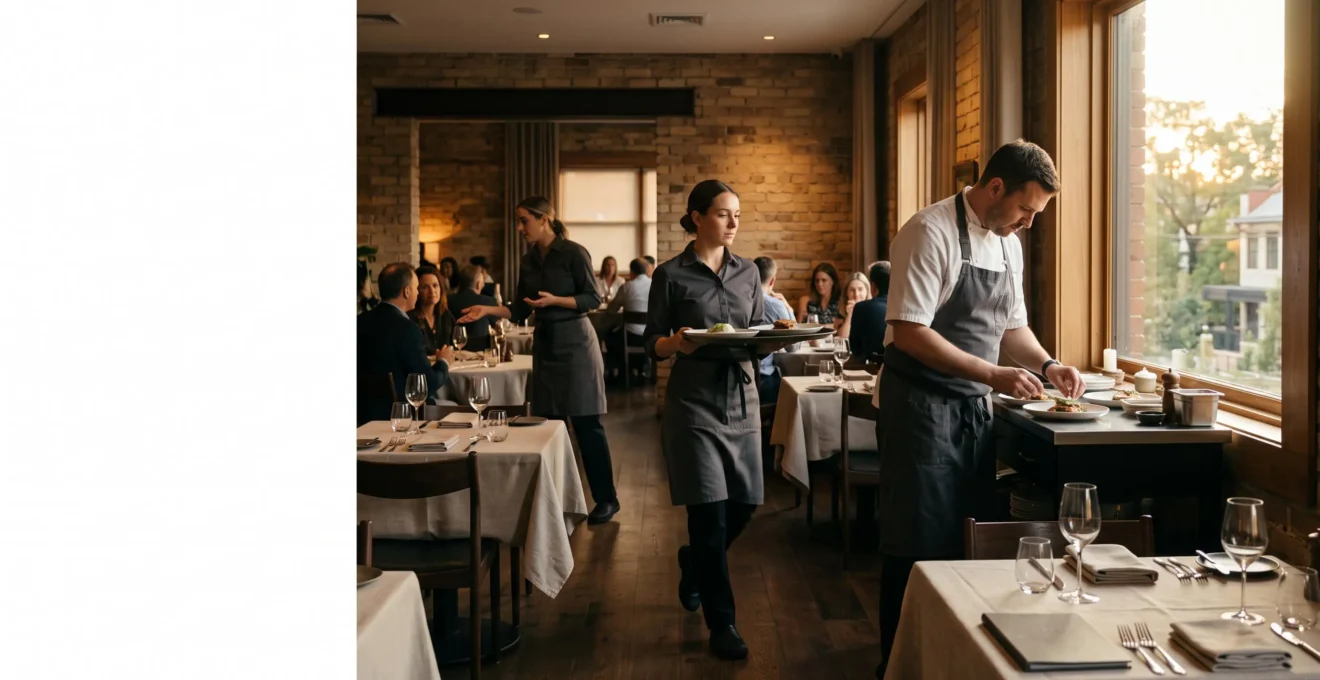 Vue editoriale d'une equipe de restaurant en plein service, symbolisant un planning optimise et une organisation fluide
