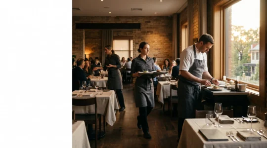 Vue editoriale d'une equipe de restaurant en plein service, symbolisant un planning optimise et une organisation fluide