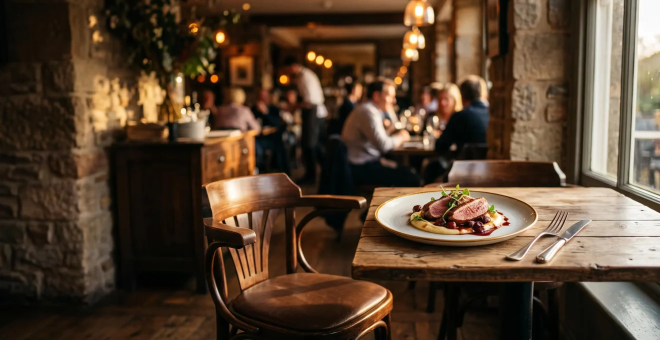 Photographie éditoriale d'un plat signature mis en lumière dans un restaurant chaleureux, symbolisant le passage du visiteur en ligne au client réel