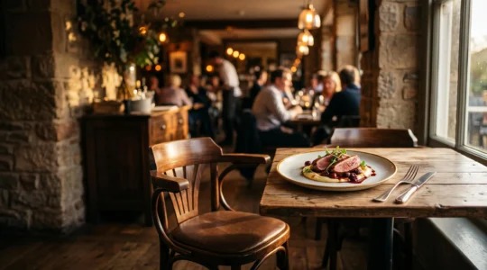 Photographie éditoriale d'un plat signature mis en lumière dans un restaurant chaleureux, symbolisant le passage du visiteur en ligne au client réel