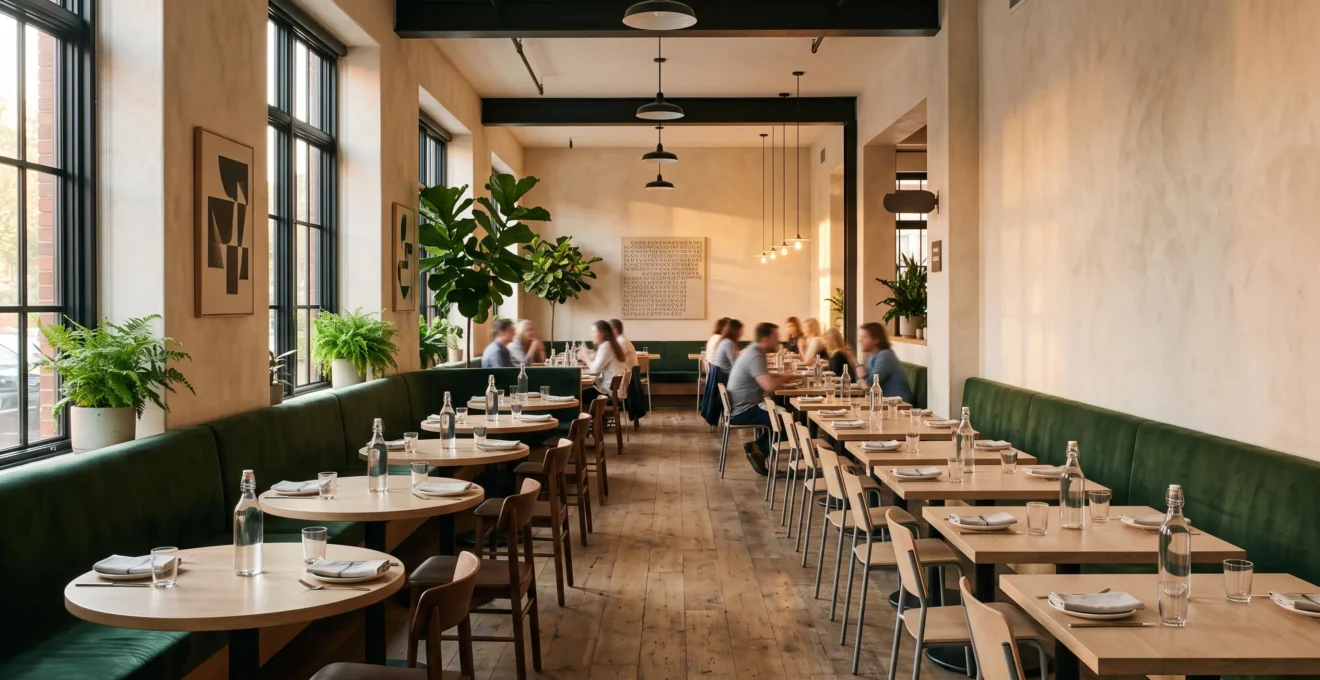 Salle de restaurant élégante réorganisée avec des tables optimisées pour accueillir plus de convives sans agrandir l'espace