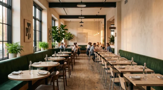 Salle de restaurant élégante réorganisée avec des tables optimisées pour accueillir plus de convives sans agrandir l'espace