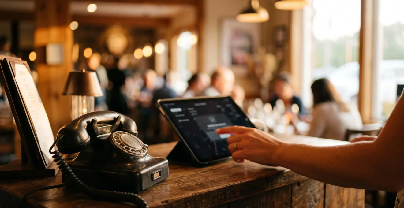 Téléphone de restaurant silencieux au comptoir tandis qu'une main valide une réservation sur une tablette en arrière-plan flou