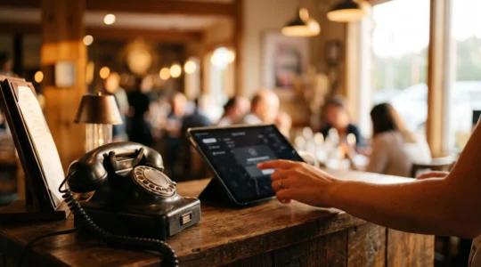 Téléphone de restaurant silencieux au comptoir tandis qu'une main valide une réservation sur une tablette en arrière-plan flou